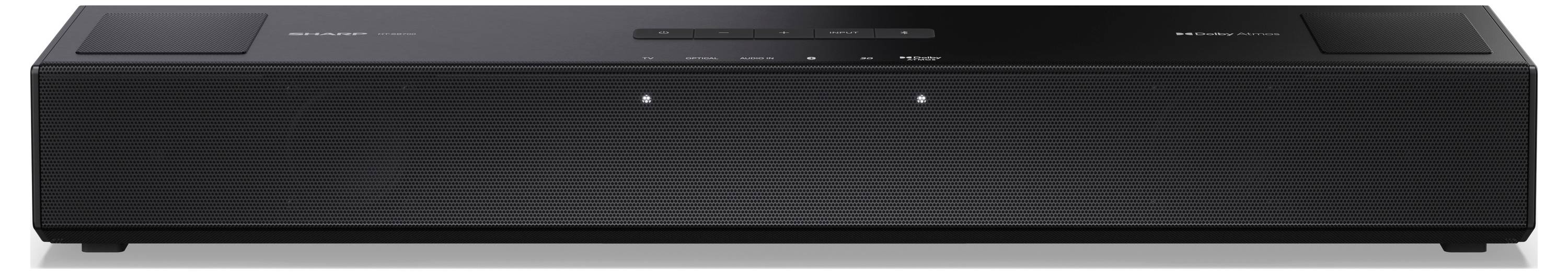 Eine elegante schwarze Soundbar mit minimalistischem Design, mit einer Bedienungsleiste auf der Oberfläche und dezenten Markierungen an der Seite.