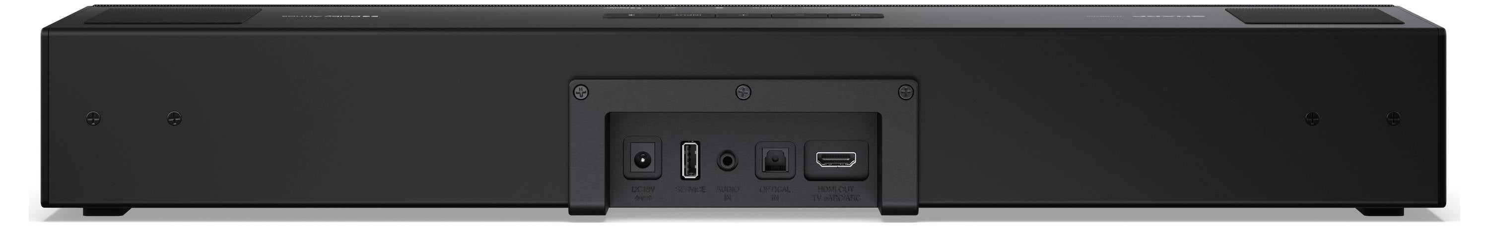 Das Bild zeigt die Rückseite eines schwarzen elektronischen Geräts mit mehreren Anschlüssen, darunter Audio-, HDMI- und USB-Anschlüsse.