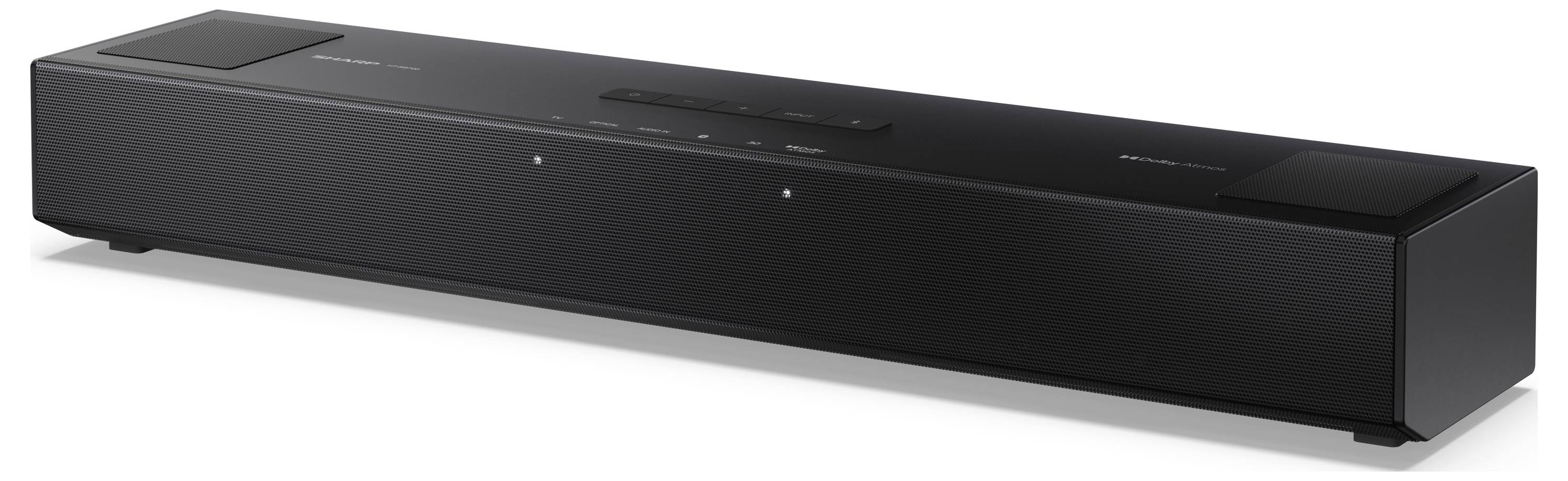 Eine elegante schwarze Soundbar mit schlankem Design, ausgestattet mit Bedienungstasten oben und dem Markennamen auf der Vorderseite. Entwickelt für verbesserte Audioausgabe.