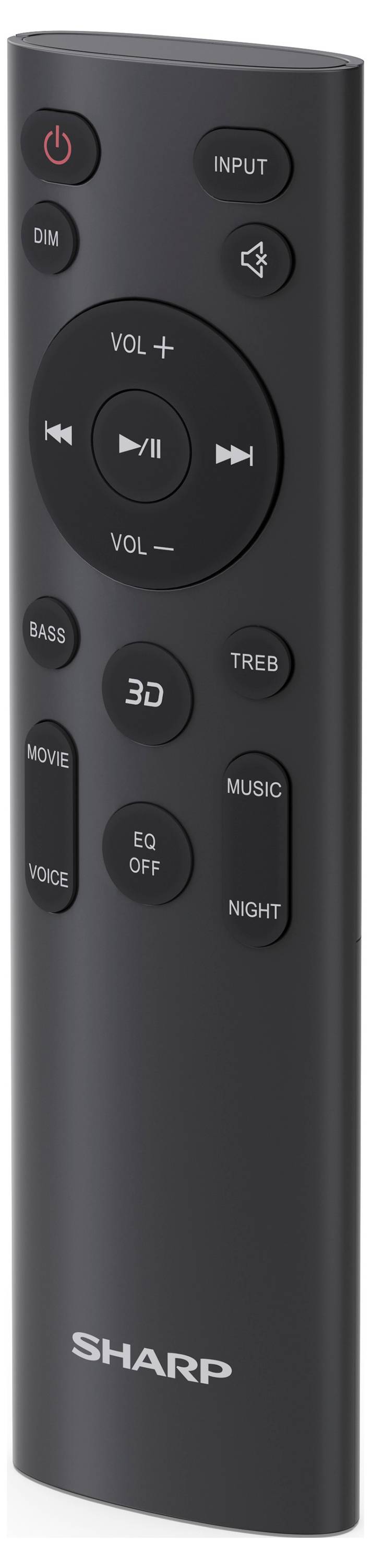 Eine schwarze Sharp-Fernbedienung mit Tasten für Lautstärke, Eingang, Dimmen, Stummschaltung, Bass, Höhen, 3D, Musik, Film, Video und Nachteinstellungen.