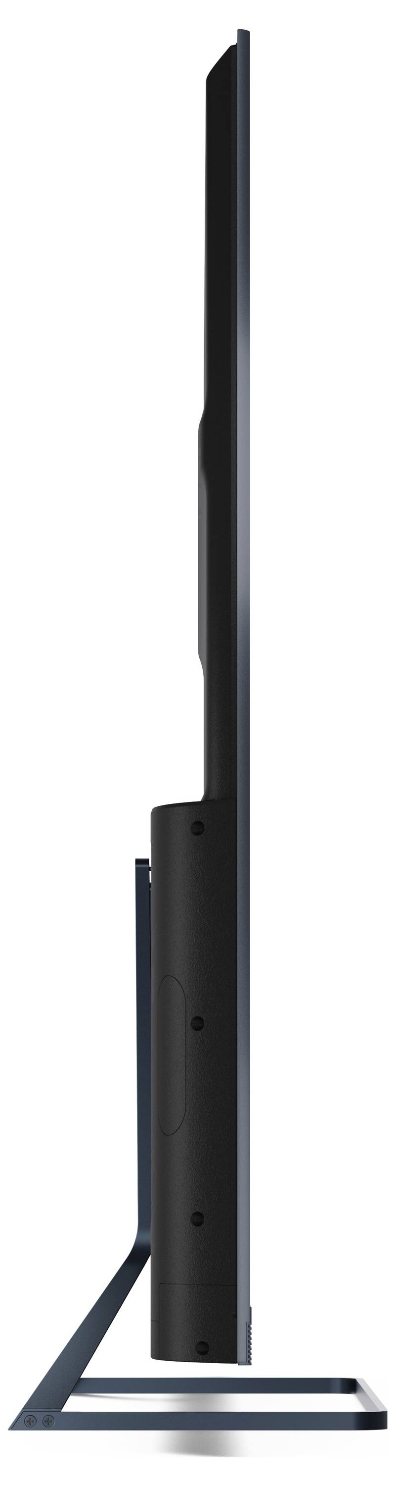 Flacher Fernseher, von der Seite betrachtet, der sein schlankes Design und den Metallständer zeigt.
