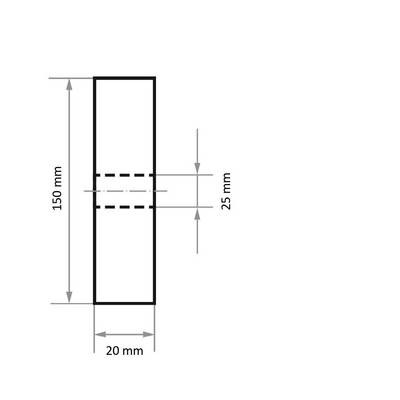 Technische Zeichnung eines rechteckigen Objekts mit Abmessungen: 150 mm Höhe, 20 mm Breite. Eine gestrichelte Linie zeigt ein internes Merkmal mit 25 mm Länge.