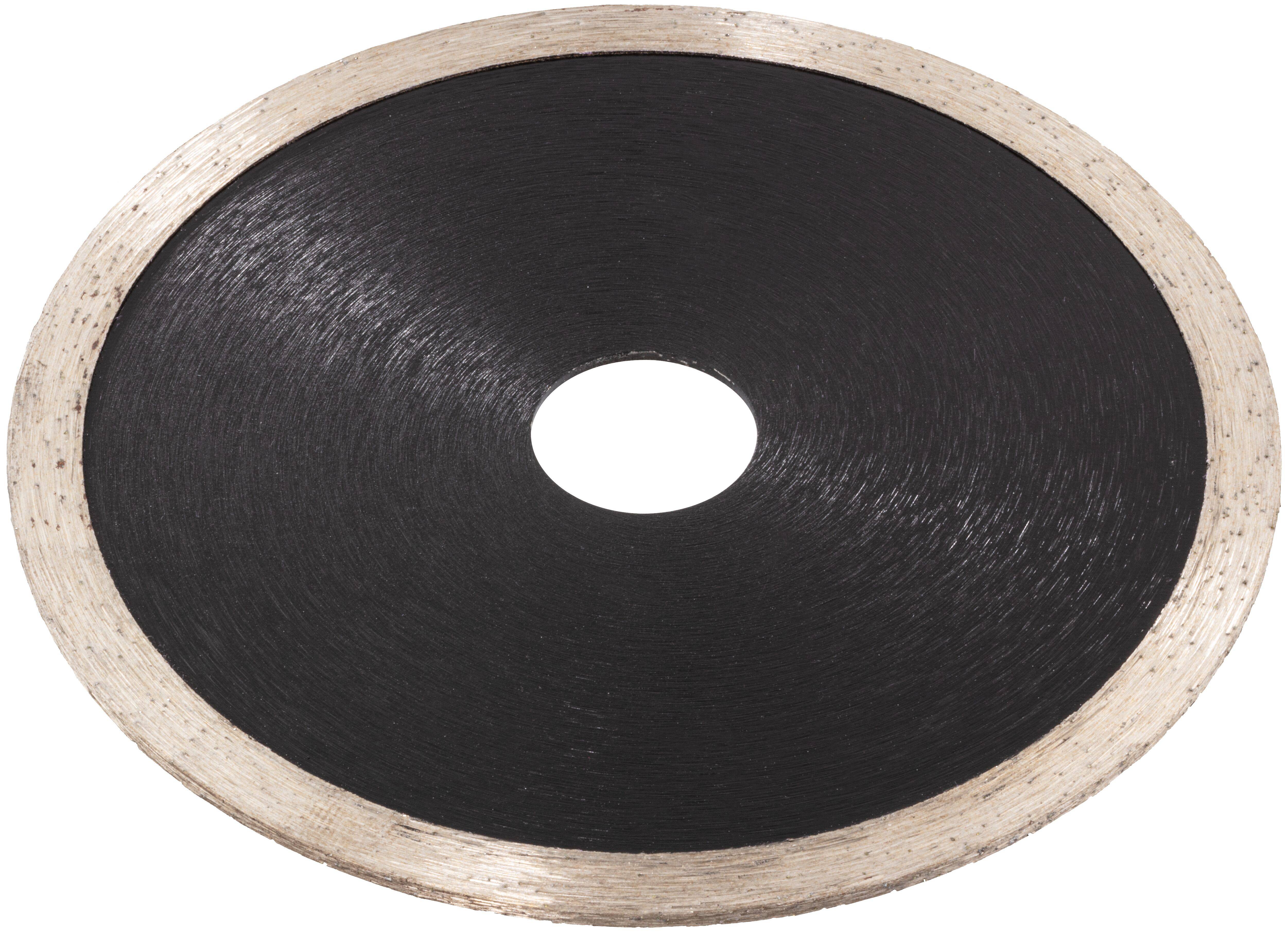 Eine kreisförmige schwarze Sägeblatt mit silbernem Rand und zentraler Bohrung, verwendet zum Schneiden von Materialien.
