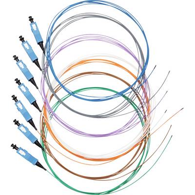 Glasfaserkabel in verschiedenen Farben mit Anschlüssen, die in überlappenden Schleifen angeordnet sind und die Vielfalt der Datentransmissionstechnologie veranschaulichen.