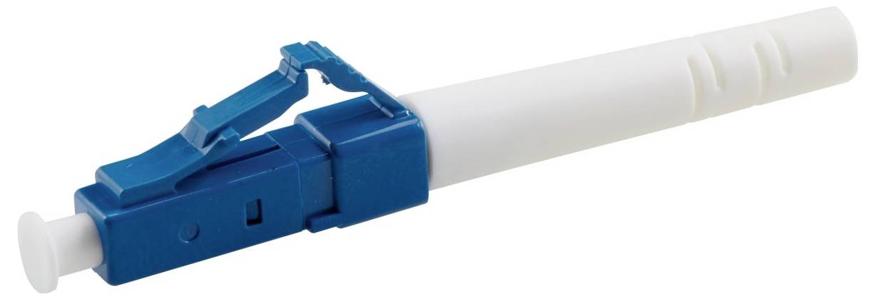 Ein blau-weißer Glasfaserverbinder, der seine angebrachte Schutzkappe und den Verriegelungsmechanismus für Netzwerkanwendungen präsentiert.