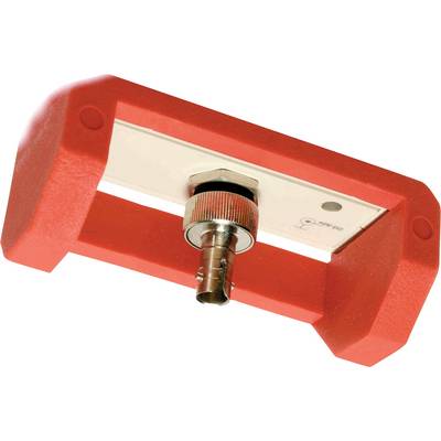 Eine rote Schutzabdeckung mit einer zentralen metallischen Mutter und einem Anschluss, möglicherweise Teil einer mechanischen oder elektronischen Vorrichtung.