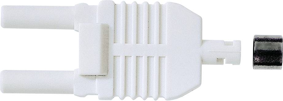 Ein weißer Koaxial-Kabelstecker mit Doppelstiften und einer Metallspitze, der für TV- oder Internetverbindungen verwendet wird, vor einem weißen Hintergrund isoliert.