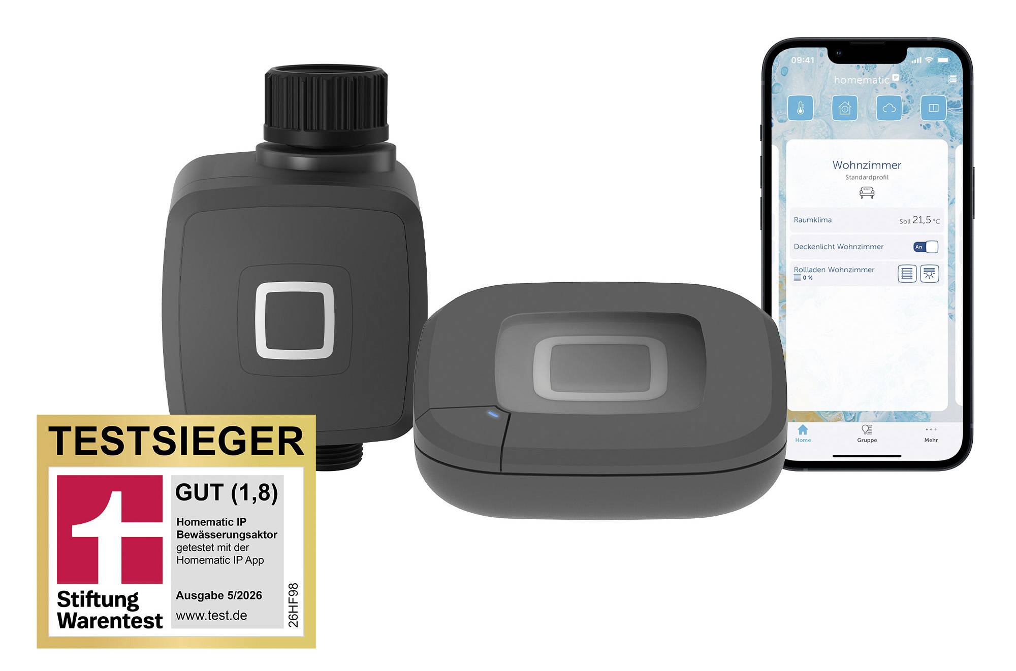 Intelligenter Heizkörper-Thermostat mit App auf einem Telefon und Stiftung Warentest „TESTSIEGER" Auszeichnungsabzeichen.