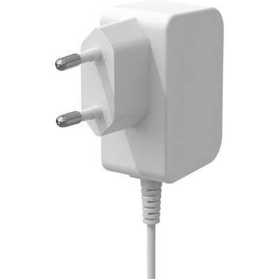 Ein weißer elektrischer Wandadapter mit zwei runden Stiften und einem Kabel am unteren Ende, der zum Aufladen elektronischer Geräte verwendet wird.