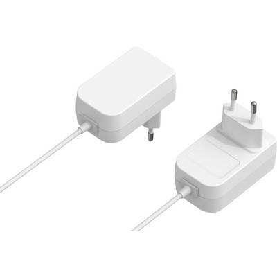 Ein weißer elektrischer Steckeradapter mit einem europäischen Steckertyp, der mit einem Kabel verbunden ist, aus verschiedenen Blickwinkeln betrachtet.