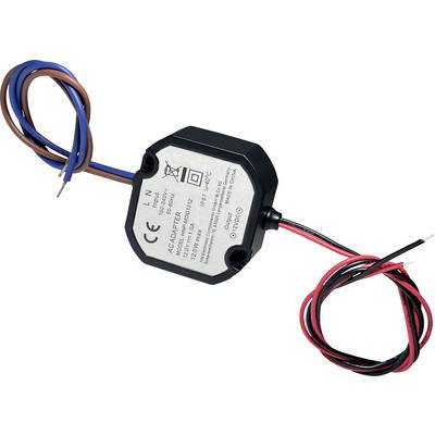 Ein kleines, sechseckiges elektronisches Gerät mit der Beschriftung "ACADAPTER", das zwei Kabelsätze aufweist. Ein Satz ist blau und braun; der andere ist rot und schwarz.
