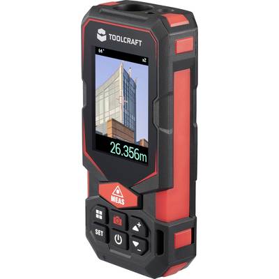 Handheld Toolcraft Laser-Entfernungsmesser, der ein Gebäudefoto und eine Entfernungsanzeige von 26,356 m auf seinem Bildschirm anzeigt.