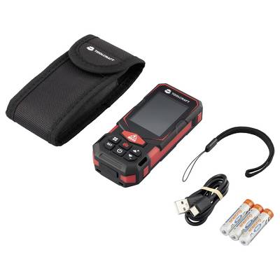 Toolcraft tragbares digitales Messinstrument mit Tragetasche, Handgelenkschlaufe, USB-Kabel und vier AAA-Batterien.