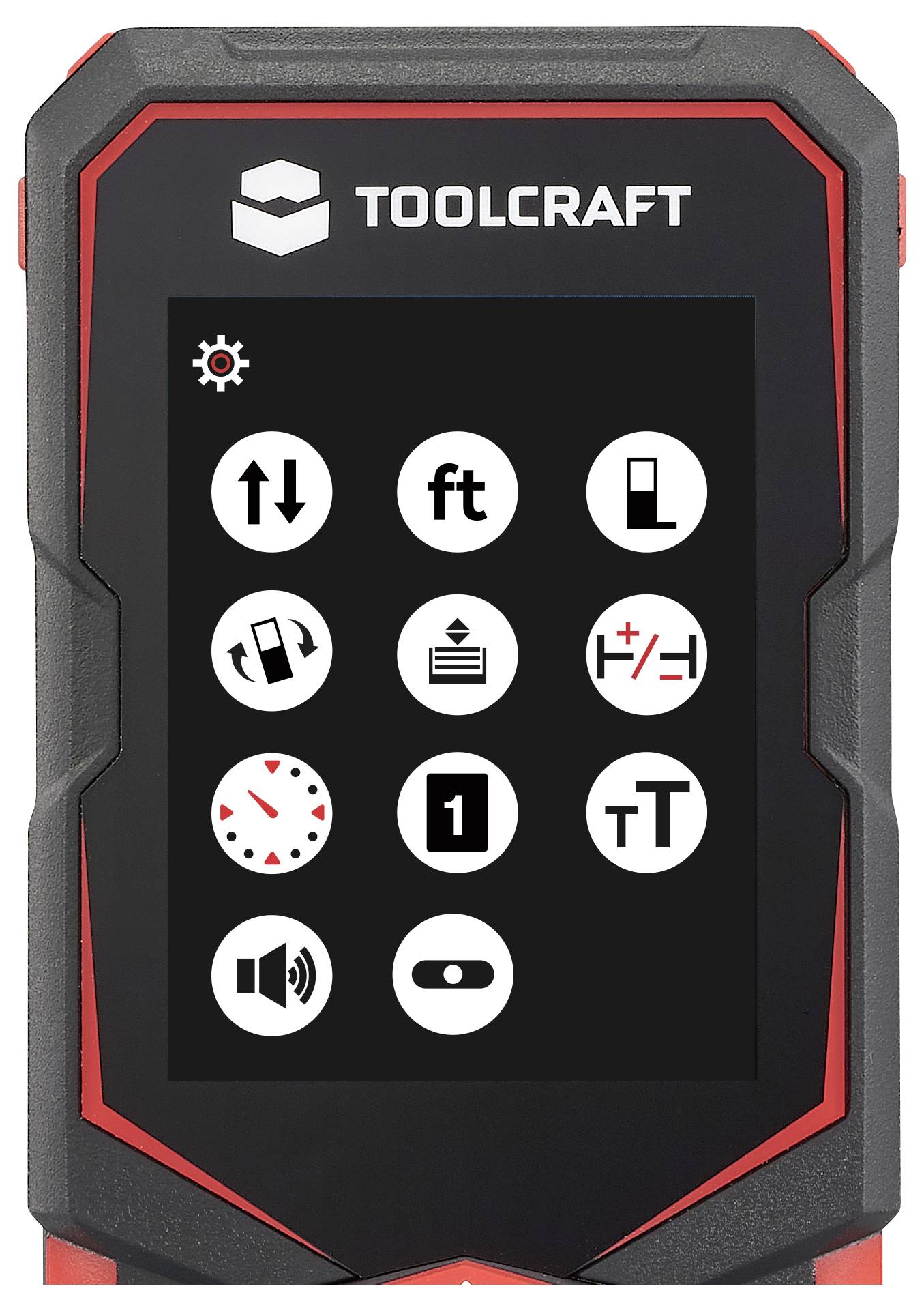 TOOLCRAFT tragbares Gerät mit Bildschirm zeigt ein Einstellungsmenü mit 10 kreisförmigen Symbolen, einschließlich Auf-/Abwärtspfeilen, 'ft', einem Längensymbol, Rotation, Kalibrierung, Plus/Minus, Uhr, 1, Textgröße, Ton und Umschalter.