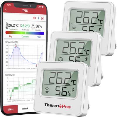 Das Bild zeigt eine Smartphone-App und drei digitale Thermometer, die Temperatur (26,2°C) und Luftfeuchtigkeit (56%) mit Graphen anzeigen.