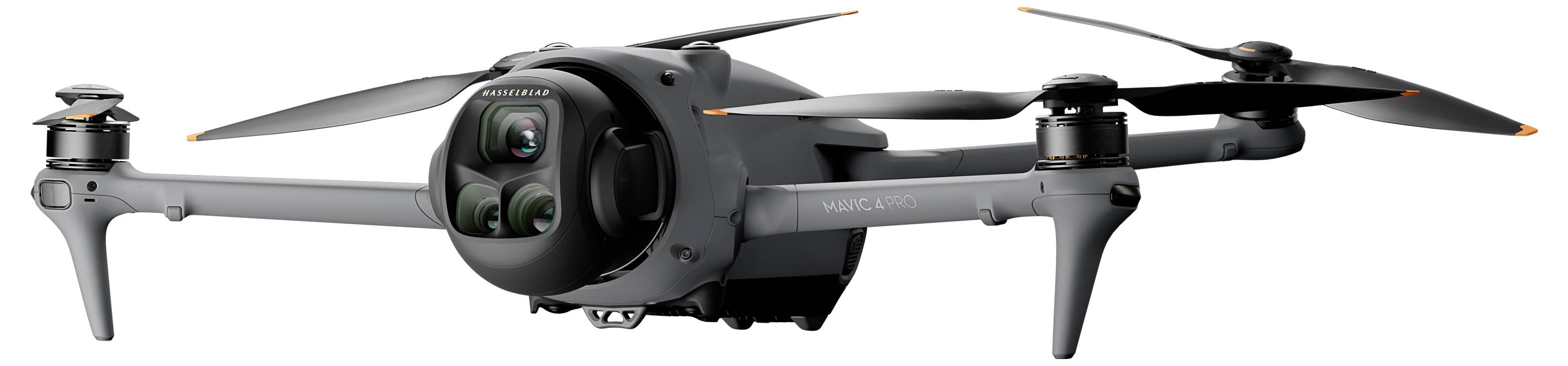 Eine schlanke, schwarze Quadcopter-Drohne mit vier Propellern und einer Kamera, die für Luftaufnahmen entwickelt wurde und in der Luft schwebt.