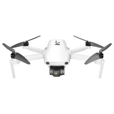 Ein weißer Quadcopter-Drohne mit einer Kamera, die an der Unterseite montiert ist, in Flugposition mit vier sichtbaren Propellern.