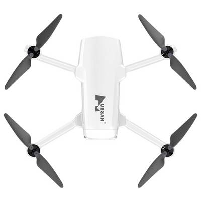 Ein weißer Quadcopter-Drohne mit vier horizontal angeordneten schwarzen Propellern auf einem einfarbigen Hintergrund, mit der Beschriftung 'Hubsan'.