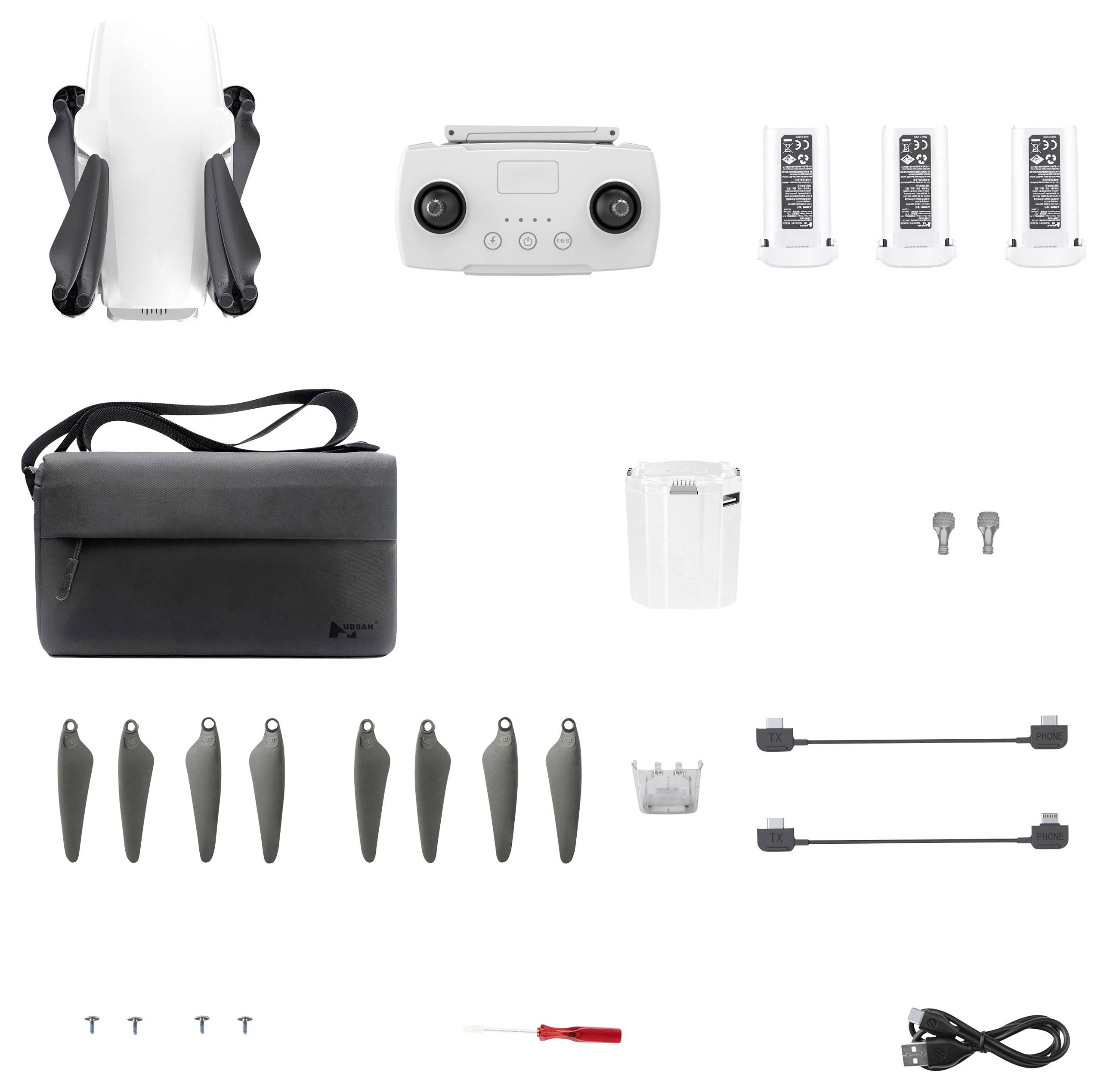 Ein kompaktes Drohnen-Set, das eine zusammengeklappte Drohne, Fernbedienung, drei Akkus, Transportkoffer, Propeller, Ersatzteile und Ladegerät umfasst.