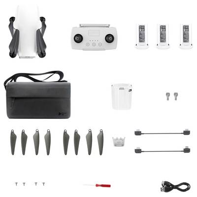 Ein kompaktes Drohnen-Set, das eine zusammengeklappte Drohne, Fernbedienung, drei Akkus, Transportkoffer, Propeller, Ersatzteile und Ladegerät umfasst.