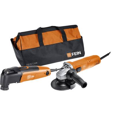 Ein orange-schwarzes Werkzeugset mit einem Rotationswerkzeug und einer Winkelschleifer, der Marke 'FEIN', inklusive einer orange-schwarzen Aufbewahrungstasche.