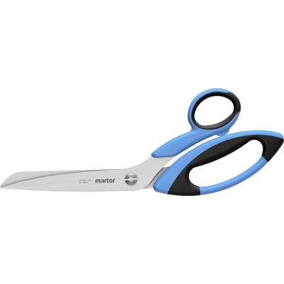 Eine ergonomische Schere mit blauen und schwarzen Griffen, Klingen aus Edelstahl und einem Markenlogo, das in der Nähe des Drehpunkts in die Klinge eingraviert ist.