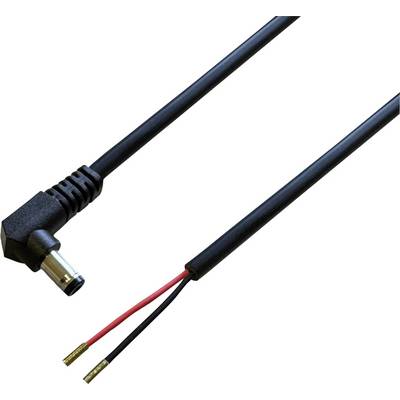 Ein schwarzes Netzkabel mit einem Winkelstecker und freiliegenden roten und schwarzen Leitungen am anderen Ende.