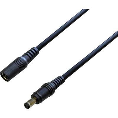 Schwarzes zylindrisches Netzkabel mit männlichem Stecker rechts und weiblichem Stecker links, verwendet für elektronische Geräte.
