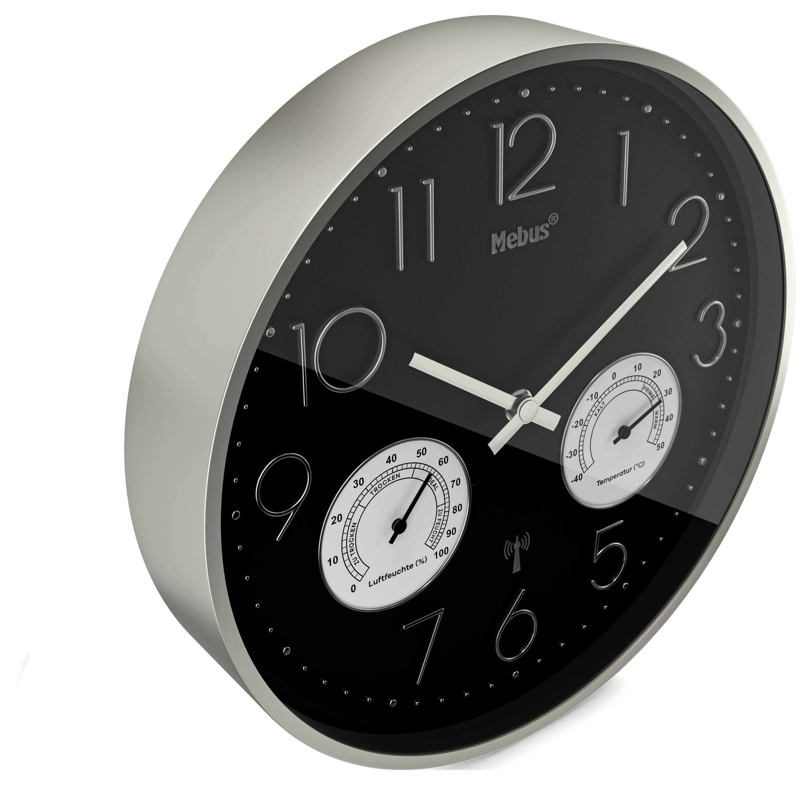 Eine runde Wanduhr mit schwarzem Zifferblatt und silbernem Rahmen, die die Zeit mit weißen Zeigern und Ziffern anzeigt. Ausgestattet mit zwei kleinen Zifferblättern für Temperatur und Luftfeuchtigkeit.