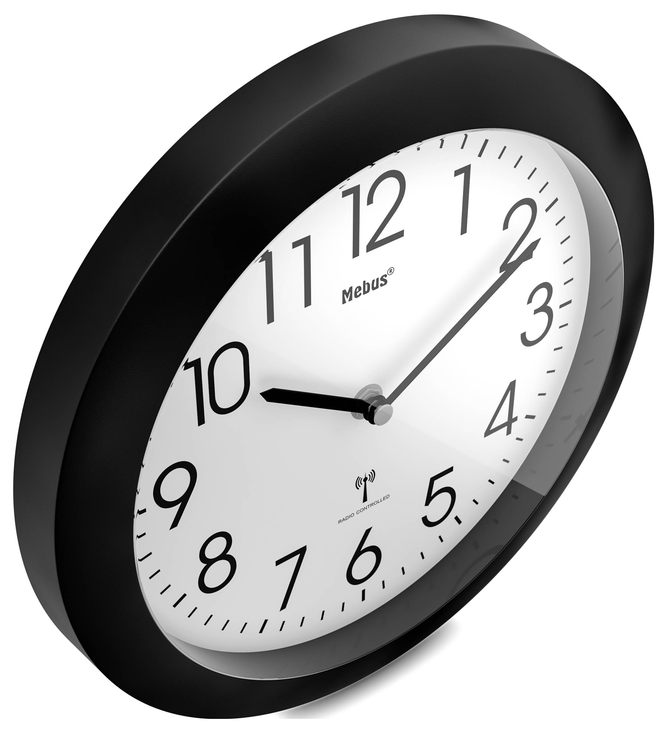 Eine schwarzgerahmte Wanduhr, die die Zeit als 10:08 anzeigt.