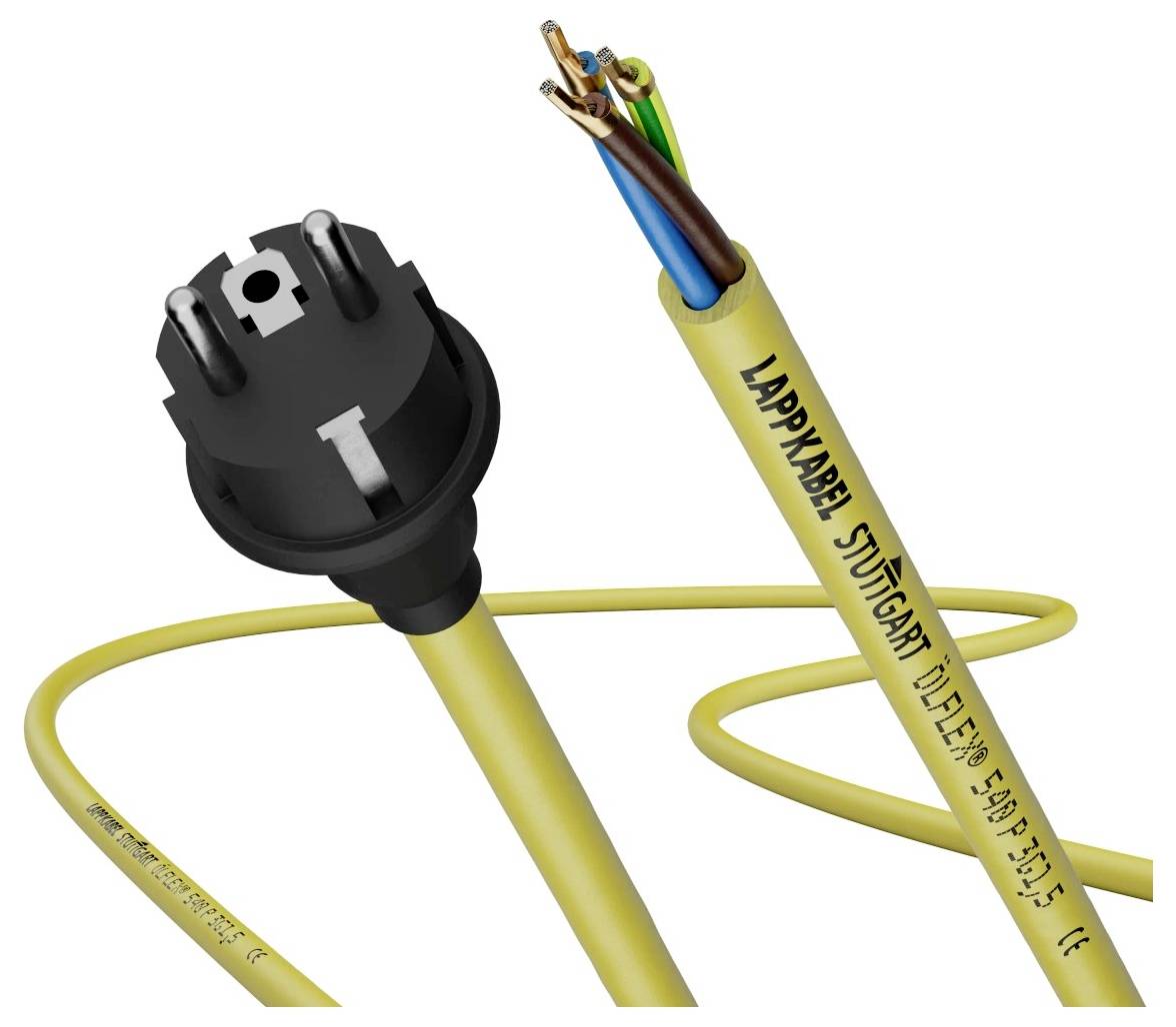 Ein gelbes Netzkabel mit einem Stecker und freiliegenden Drähten, mit der Aufschrift „LAPPKABEL STUTTGART OLFLEX SABIX 705".