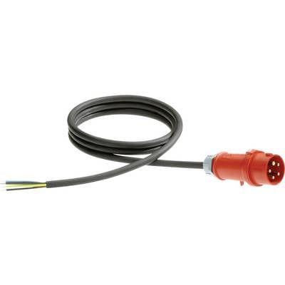 Ein roter industrieller Stromstecker mit einem schwarzen Kabel, mit fünf freiliegenden Drähten am Ende.