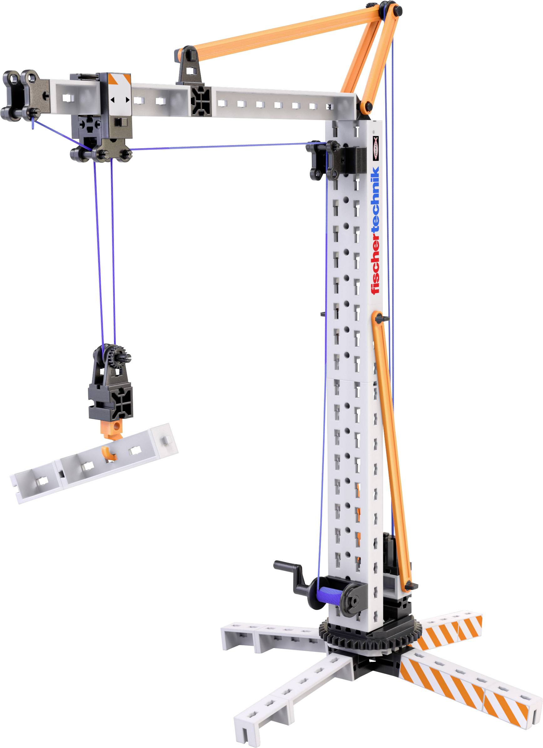 Ein Baukranmodell aus modularen Teilen, das einen vertikalen Turm, einen horizontalen Ausleger und eine Winde zeigt, die einen Träger anhebt.