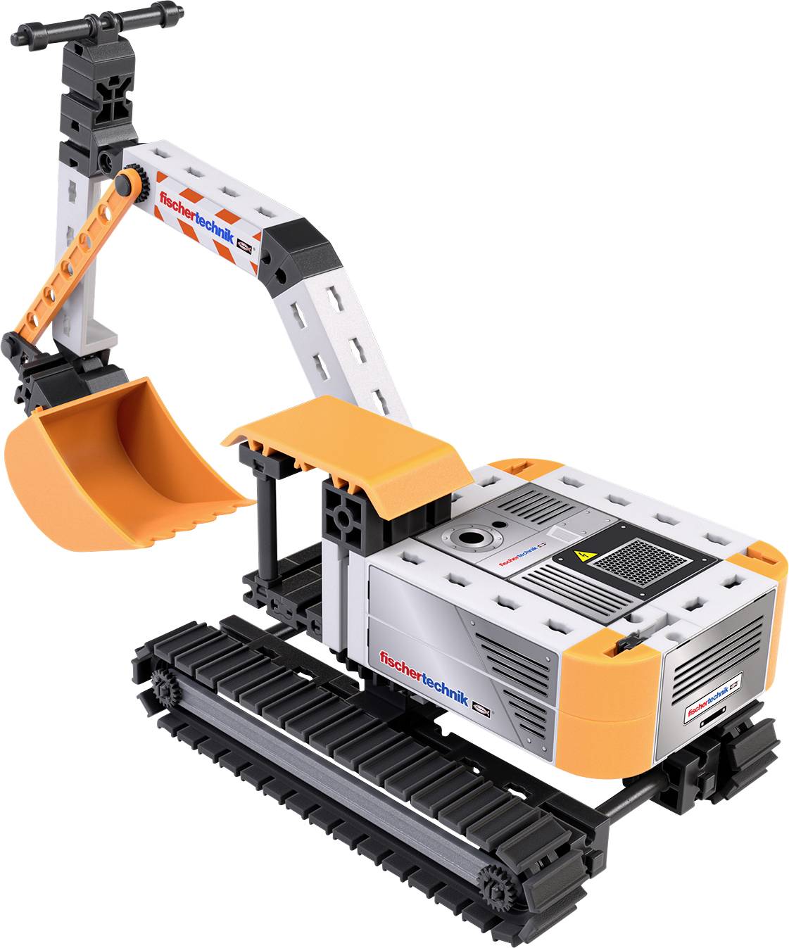 Ein Modell-Bagger-Spielzeug aus zusammensteckbaren Teilen, mit einem orangefarbenen Löffel und einem schwarzen Kettenlaufwerk, präsentiert vor einem weißen Hintergrund.