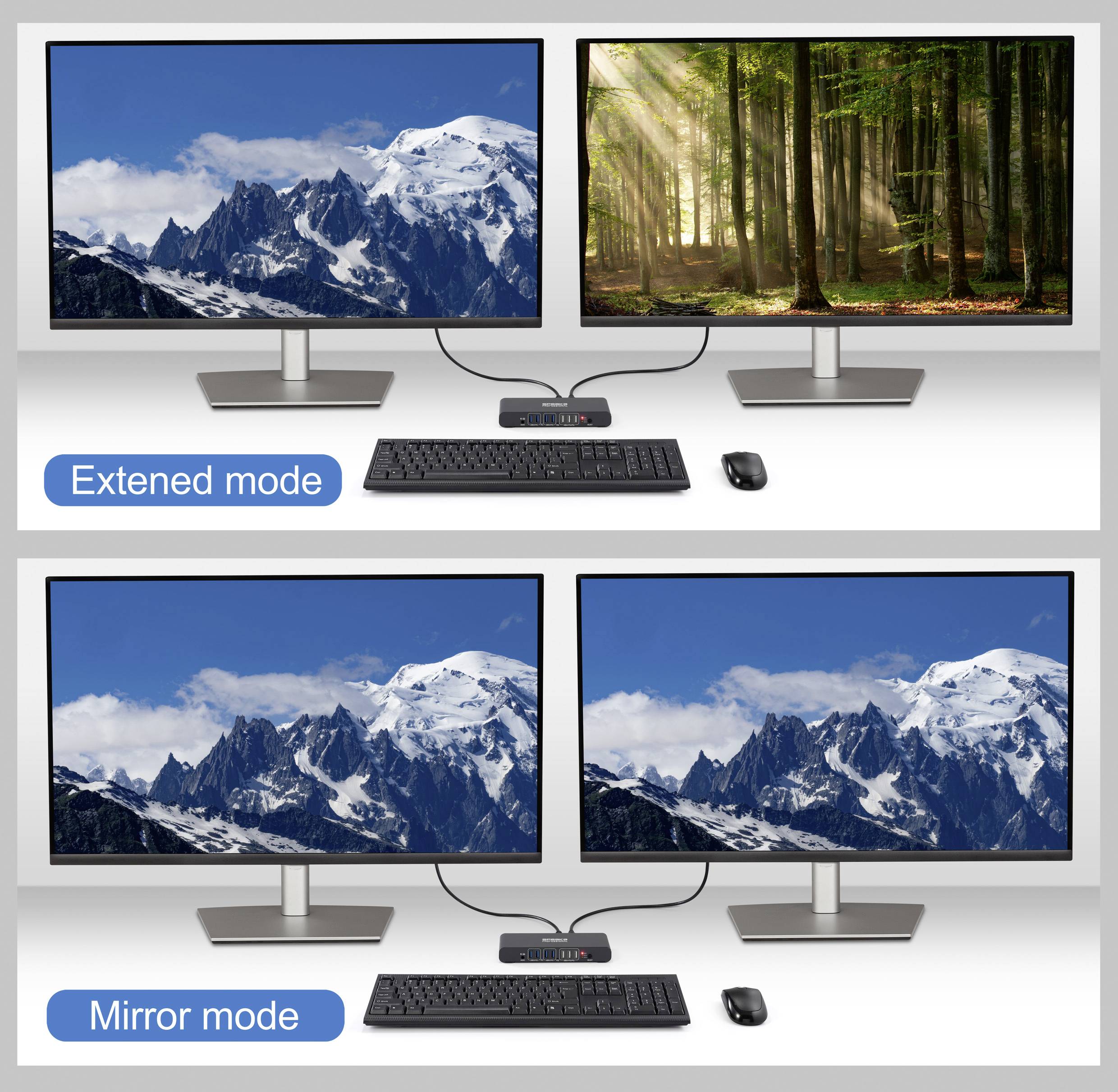 Zwei Computer-Setups: Oben wird der 'Erweiterter Modus' mit verschiedenen Displays gezeigt; eine Berglandschaft, eine Waldlandschaft. Unten wird der 'Spiegelmodus' mit identischen Bergansichten dargestellt.