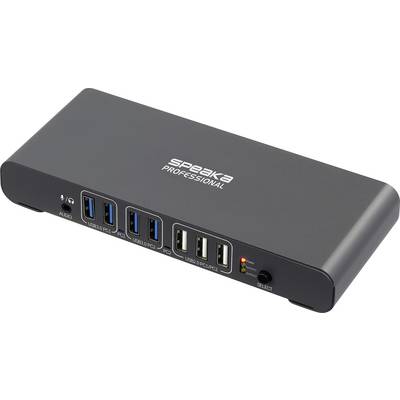 Ein schwarzer USB-Switch-Hub mit sechs Anschlüssen, beschriftet mit 'USB 3.0 PC1', 'USB 3.0 PC2', 'USB 3.0 PC3', 'USB 2.0 PLC/PC4' und einem 3,5-mm-Audioeingang.