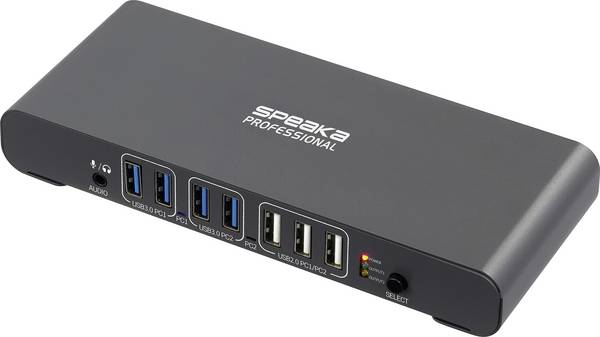 SpeaKa Professional SP-KVM-2P4K 2 Port KVM-Umschalter Grau (matt) HDMI®, USB-A (USB 3.2 Gen 1), USB-A (USB 2.0), USB-C® PD, RJ45, Audio, 2.0 (3.5 mm Klinke)