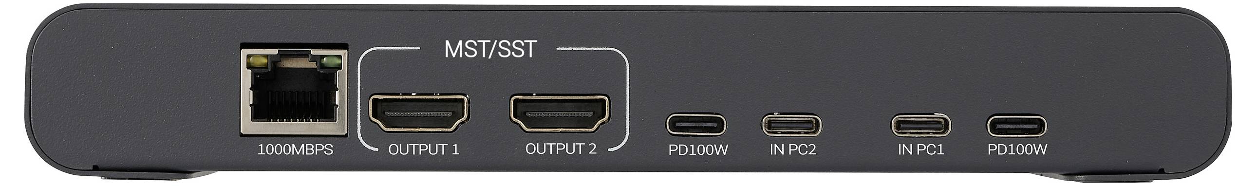 Rückseite einer Dockingstation mit einem Ethernet-Anschluss, zwei HDMI-Ausgängen und vier USB-C-Anschlüssen, einige davon mit den Bezeichnungen PD und IN/PC gekennzeichnet.