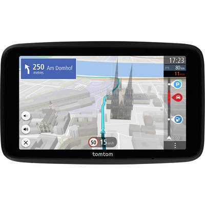 Ein GPS-Gerät zeigt eine 3D-Karte mit Wegweisungen zum 'Am Domhof', 250 Meter voraus. Geschwindigkeitsbegrenzung 50 km/h. Ankunft in 11 Minuten.