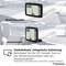 Ein Navigationsgerät, das im Inneren eines Autos montiert ist und eine Karte sowie die aktuelle Geschwindigkeit anzeigt. Der Text hebt eine reversible, integrierte Halterung hervor.