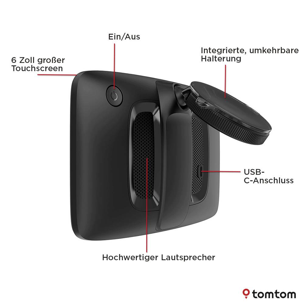 TomTom-Gerät in Rück- und Seitenansicht, markierte Funktionen umfassen: 6-Zoll-Touchscreen, hochwertiger Lautsprecher, USB-C-Anschluss, integrierte wendbare Halterung, Ein-/Aus-Taste.