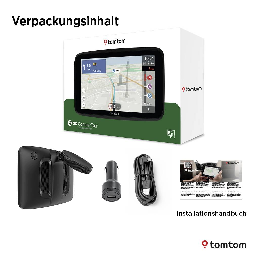 Verpackungsinhalt:<br>- GPS-Gerät<br>- Halterungsset<br>- Kfz-Ladegerät<br>- USB-Kabel<br>- Installationsanleitung von TomTom