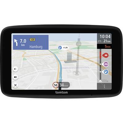 Ein GPS-Navigationsbildschirm, der eine Route nach Hamburg anzeigt, mit 7 km Restdistanz, einer Geschwindigkeitsbegrenzung von 50 km/h und einer geschätzten Ankunftszeit von 5 Minuten.