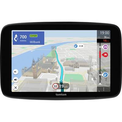 Ein GPS-Gerät zeigt eine Geschwindigkeit von 19 km/h, Route nach Millbank in 700 Metern, mit geschätzter Ankunftszeit um 19:00 Uhr und 14 verbleibenden Minuten.