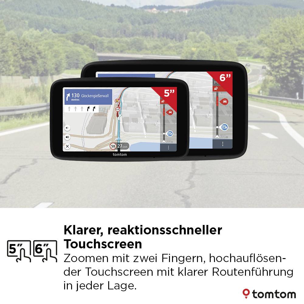 'Das TomTom-Navigationsgerät zeigt einen klaren, reaktionsschnellen Touchscreen mit Zoomfunktion für eine einfache Routenführung mit zwei Fingern.'