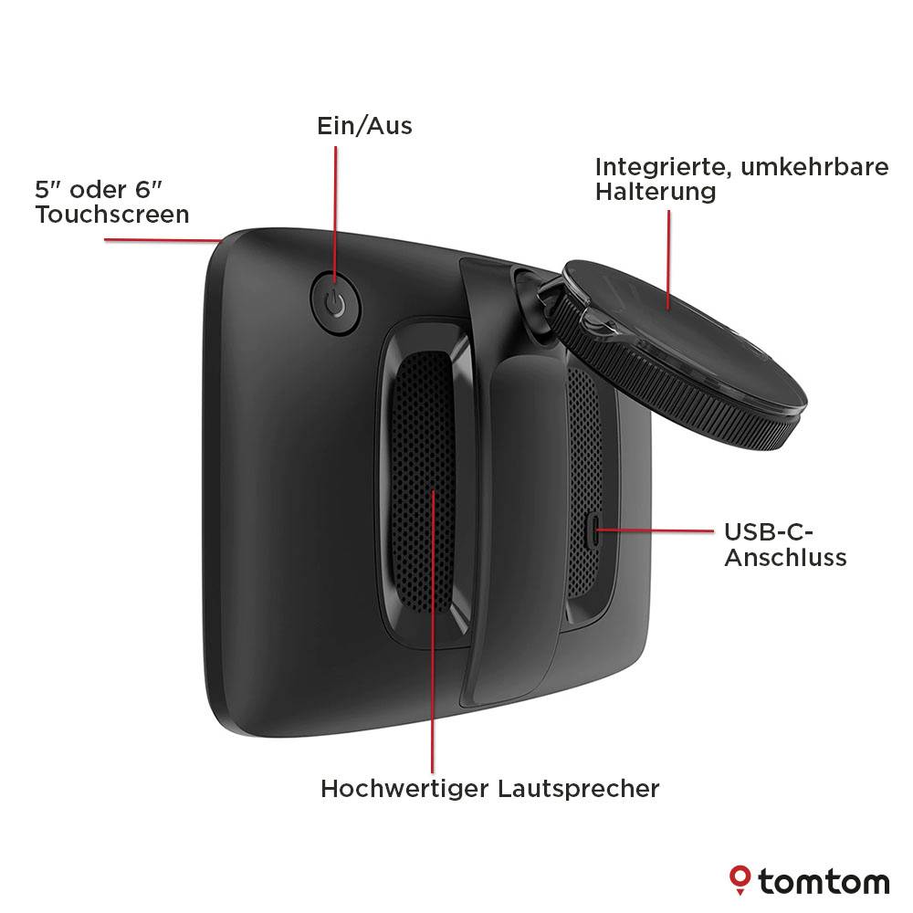 Ein GPS-Gerät mit seinen Funktionen: Ein/Aus-Taste, integrierte drehbare Halterung, USB-C-Anschluss, 5" oder 6" Touchscreen und hochwertiger Lautsprecher.