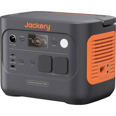 Eine mobile Powerstation vom Typ 'Jackery Explorer 1000' mit mehreren Anschlüssen wie USB, AC und DC sowie einem LCD-Display.