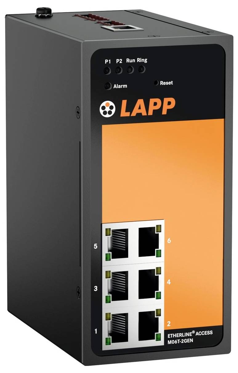 Ein schwarzer und orangefarbener LAPP Ethernet-Switch mit sechs beschrifteten Anschlüssen und Statusanzeigen für Alarme und Netzwerkaktivität.