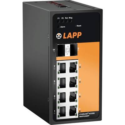 Industrieller Netzwerkswitch mit sechs Ethernet-Ports und einem Resetknopf, mit 'LAPP'-Branding auf orangefarbenem Hintergrund.