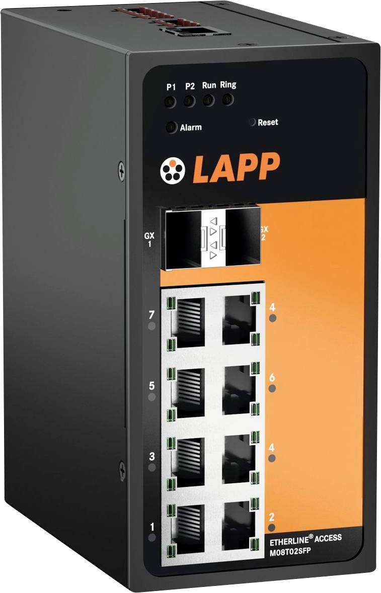 ETHERLINE ACCESS M08T02SFP Netzwerk-Switch von LAPP mit acht Ethernet-Ports und Statusindikatoren, verwendet für Datenkonnektivität.